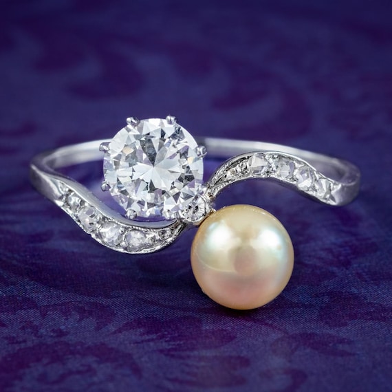 Antique Edwardian Pearl Diamond Toi Et Moi Twist Ring