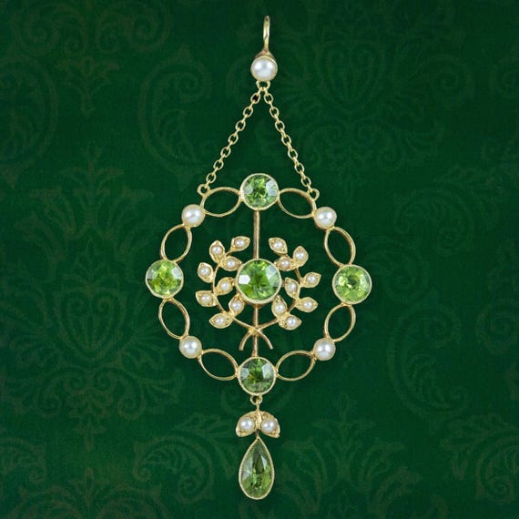 Antique Edwardian Peridot Pearl Pendant 15ct Gold