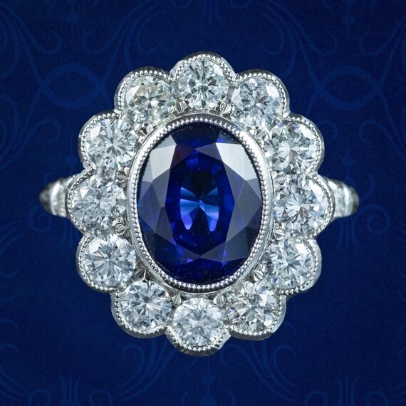 Edwardian Style Sapphire Diamond Cluster Ring 3.50ct Sapphire