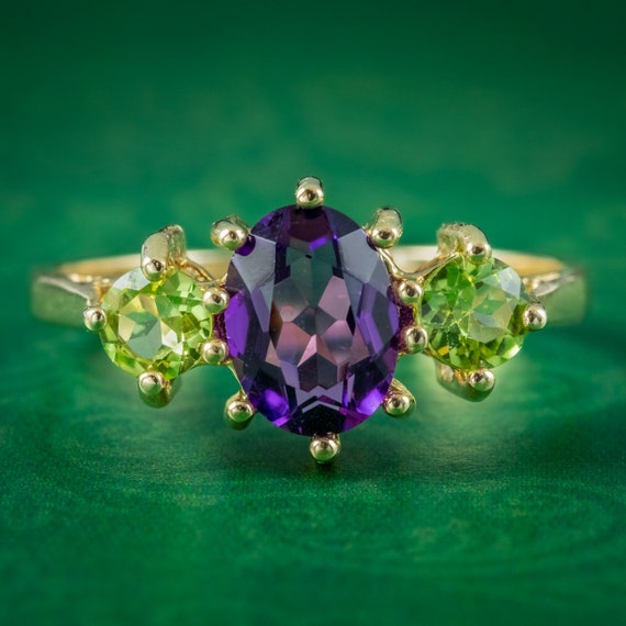 Suffragette Style Amethyst Peridot Trilogy Ring 9ct Gold