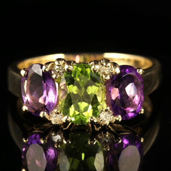 Suffragette Amethyst Peridot Diamond Gold Ring