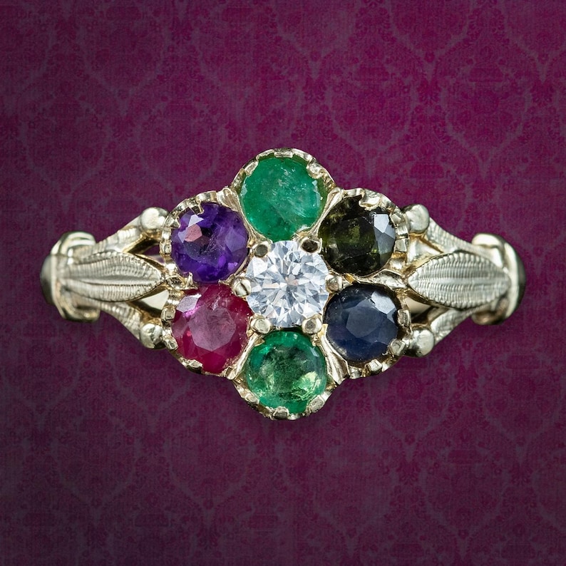 Victorian Style Acrostic Gemstone Cluster Ring Spells Dearest 9ct Gold image 1