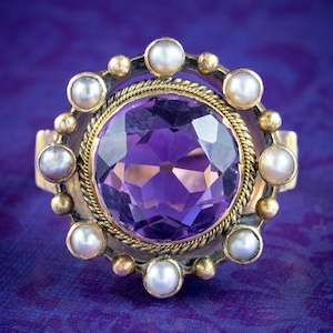 Anillo antiguo victoriano con racimo de perlas y amatista de 6 ct