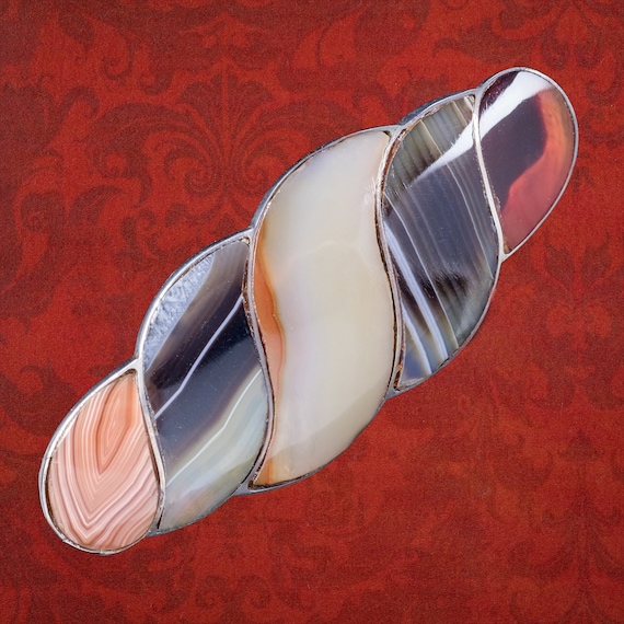 Antique Victorian Scottish Agate Twist Brooch Silver