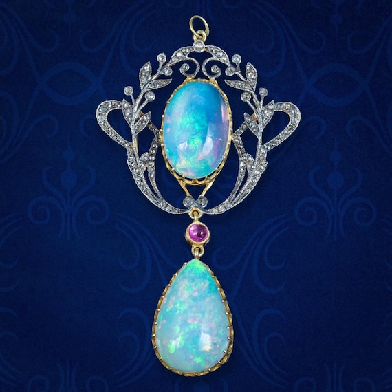 Vintage Opal Diamond Ruby Pendant Silver Gold With Box