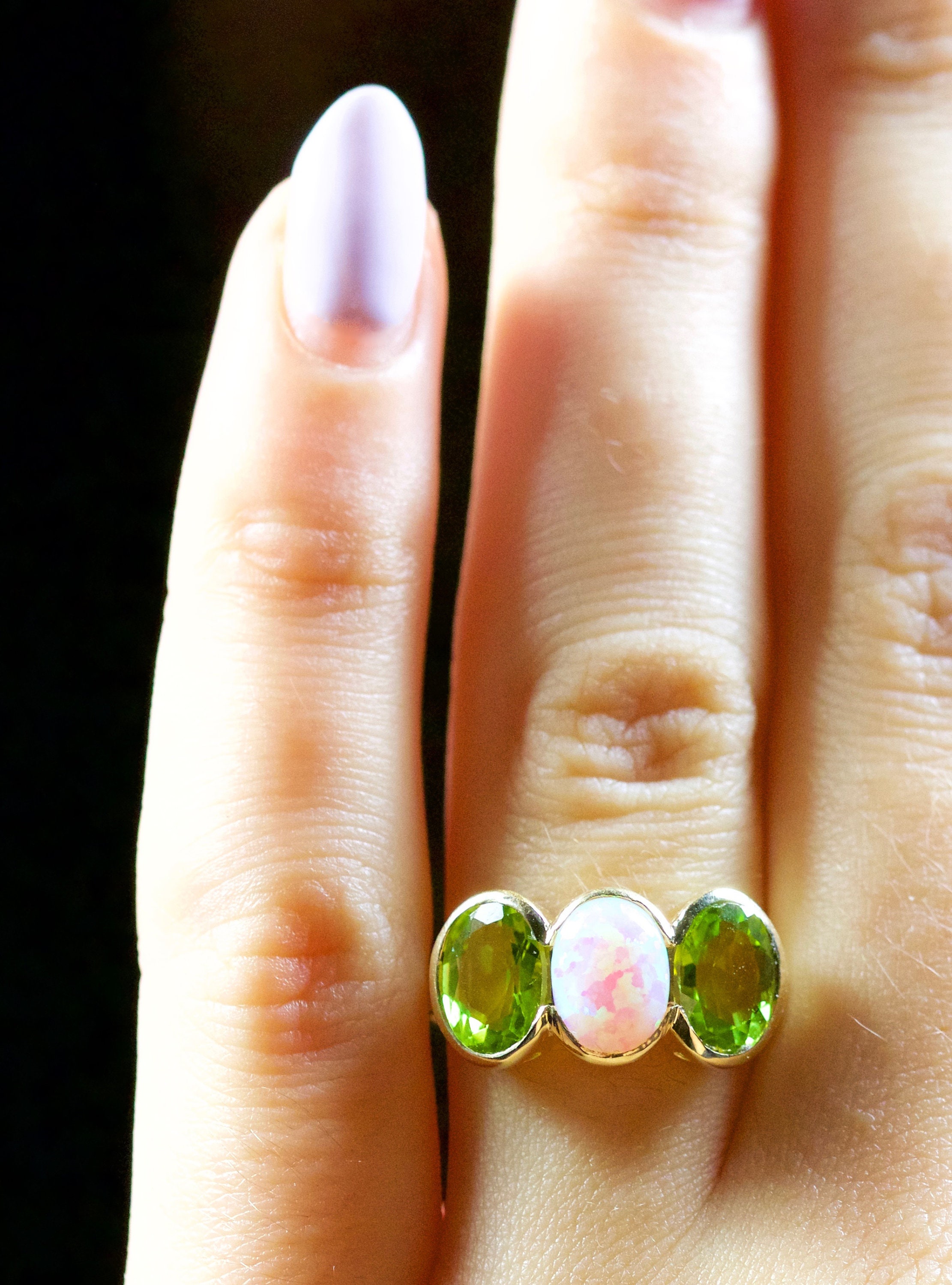 Peridot Opal Trilogy Ring 9ct Gold Ring
