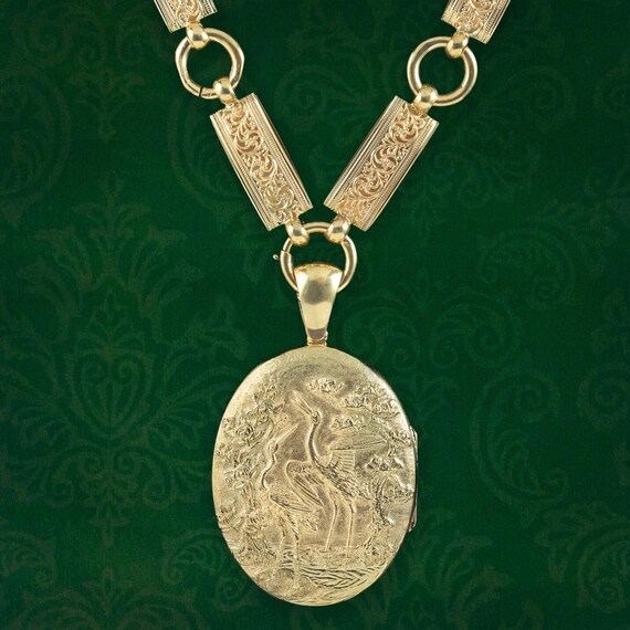 Antique Victorian Crane Locket And Collar Silver 18ct Gold Gilt