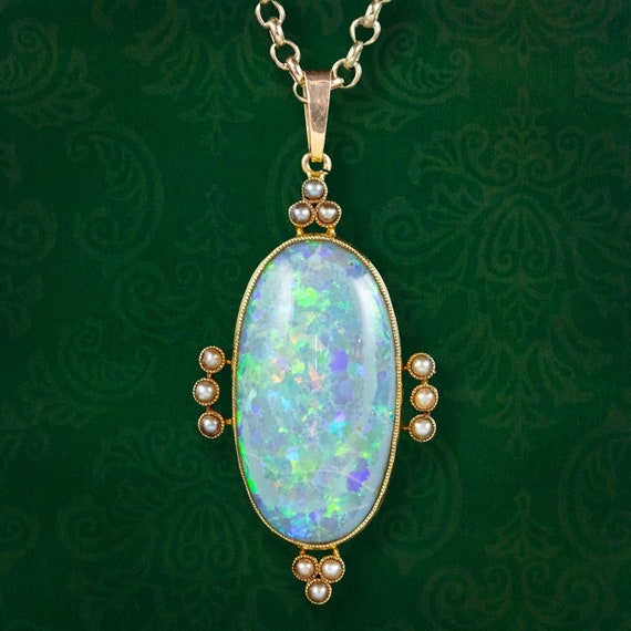 Antique Victorian Opal Pearl Pendant Necklace 15ct Gold 25ct Opal