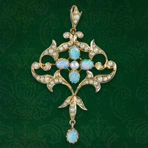 Antique Victorian Art Nouveau Opal Pearl Pendant 9ct Gold