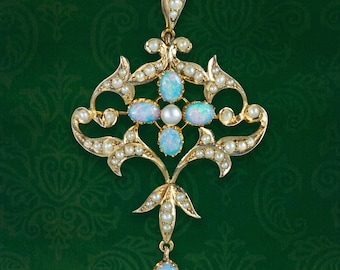 Antique Victorian Art Nouveau Opal Pearl Pendant 9ct Gold