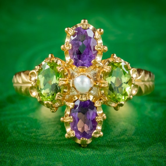Edwardian Suffragette Style Ring Amethyst Peridot Pearl