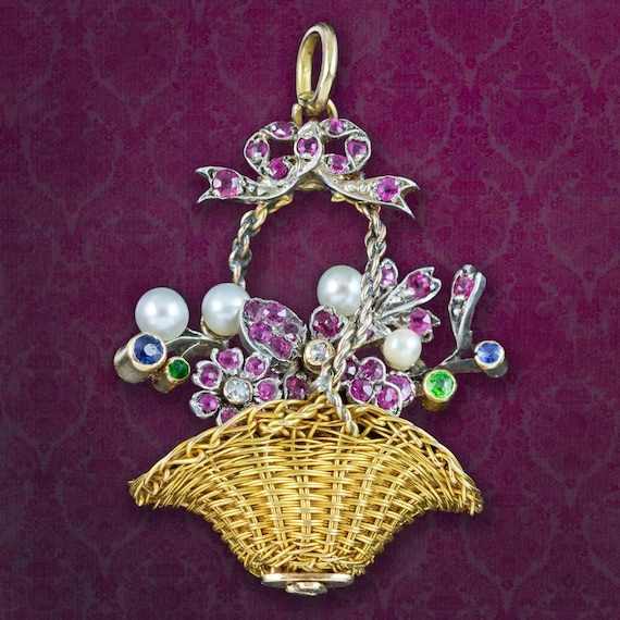 Antique Georgian Giardinetti Flower Basket Pendant Ruby Pearl Sapphire