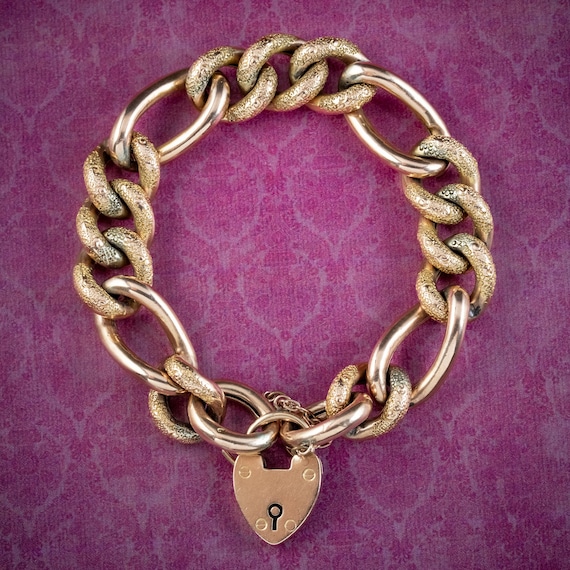 Antique Victorian 9ct Gold Chunky Curb Bracelet With Heart Padlock