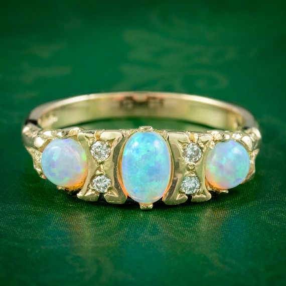 Opal Trilogy Diamond Ring 9ct Gold