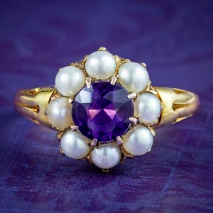 Anillo antiguo victoriano con racimo de perlas y amatista de 1,2 ct