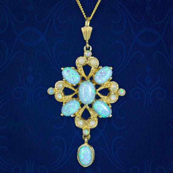 Victorian Style Opal Pendant Necklace Silver 18ct Gold Gilt