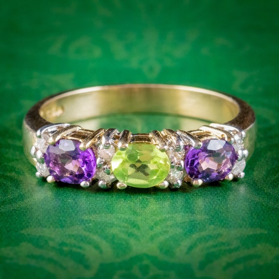 Suffragette Amethyst Peridot Diamond Ring 9ct Gold