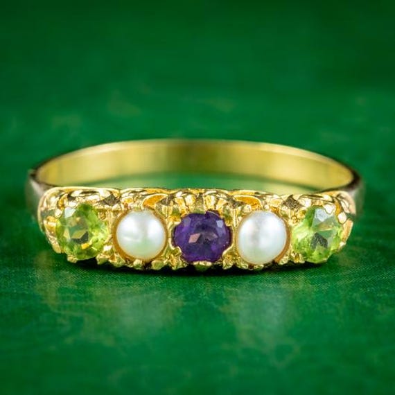 Edwardian Style Suffragette Style Carved Half Hoop Ring Amethyst Peridot Pearl