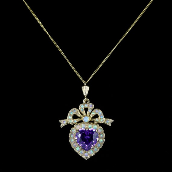 Suffragette Amethyst Opal Heart Necklace Gold