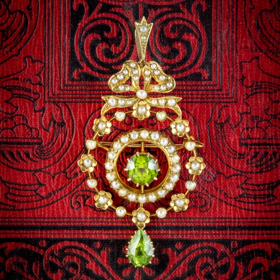 Antique Edwardian Peridot Pearl Pendant 15ct Gold - image 8