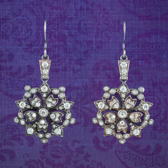 Edwardian Style Cz Flower Earrings Sterling Silver
