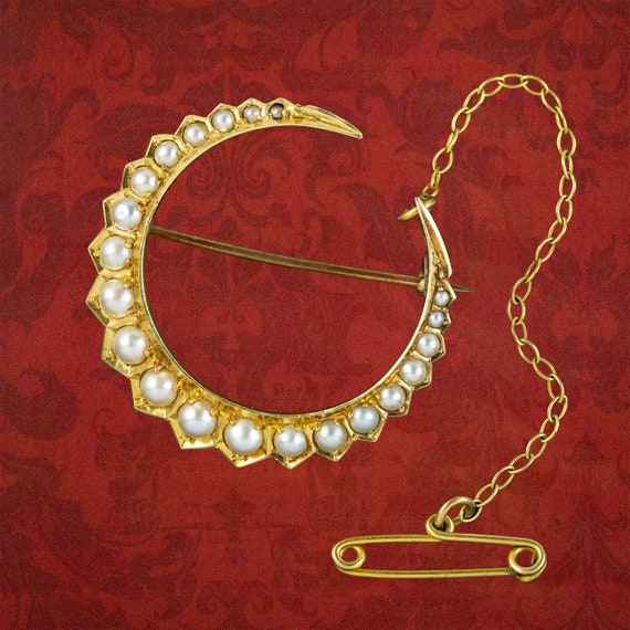Antique Victorian Pearl Crescent Moon Brooch 18ct Gold Circa 1900