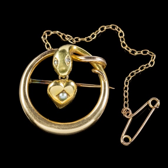 Antique Victorian Snake Brooch Diamond Eyes Pearl… - image 3