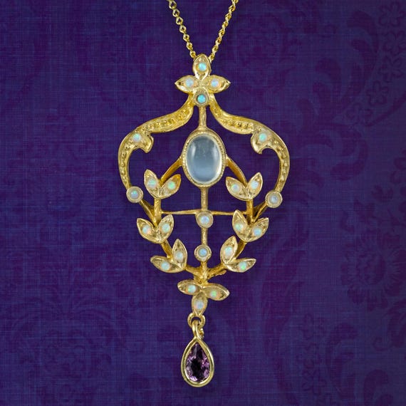 Victorian Style Opal Moonstone Amethyst Pendant Necklace Silver 18ct Gold Gilt