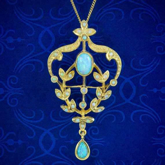 Victorian Style Opal Floral Pendant Chain 18ct Gold on Silver