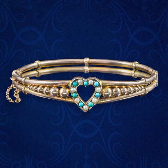 Antique Victorian Turquoise Pearl Heart Bangle 9ct Gold
