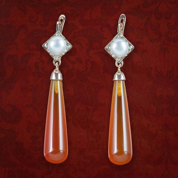 Art Deco Carnelian Diamond Pearl Drop Earrings 9ct Gold