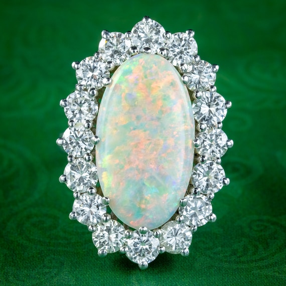 Vintage Opal Diamond Cluster Ring 12ct Opal 4ct Diamond