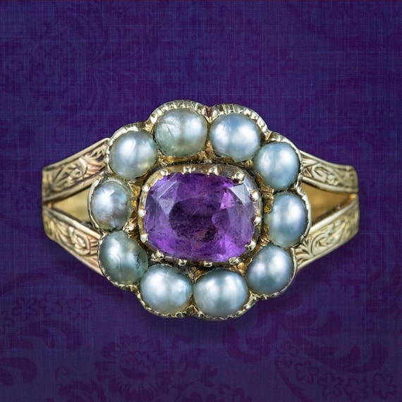 Antique Victorian Amethyst Pearl Cluster Ring