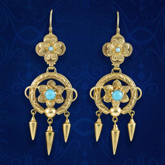 Antique Victorian Turquoise Forget Me Not Drop Earrings 18ct Gold