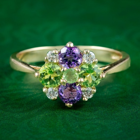 Suffragette Style 9ct Gold Cluster Ring Amethyst Peridot Diamond