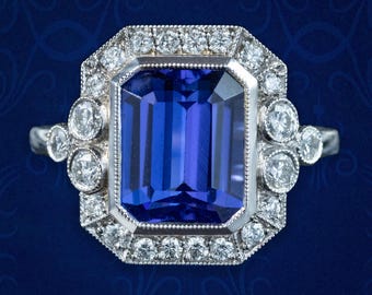 Art Deco Style Tanzanite Diamond Cluster Ring 3.55ct Tanzanite