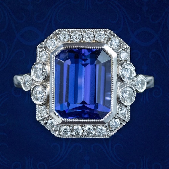 Art Deco Style Tanzanite Diamond Cluster Ring 3.55ct Tanzanite