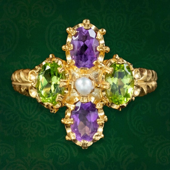 Edwardian Style Suffragette Ring Amethyst Peridot Pearl