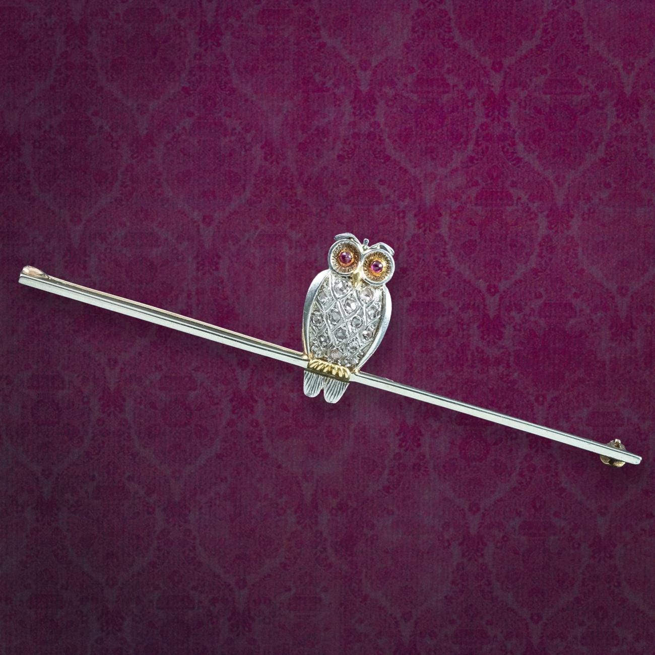 Antique Victorian Owl Bar Brooch 18ct Gold Platinum Diamond Ruby Eyes