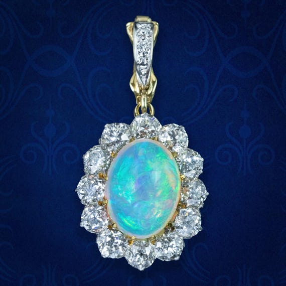 Antique Edwardian Opal Diamond Pendant 7ct Opal