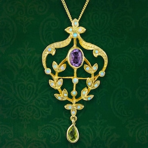 Edwardian Style Suffragette Pendant Necklace Amethyst Opal Peridot