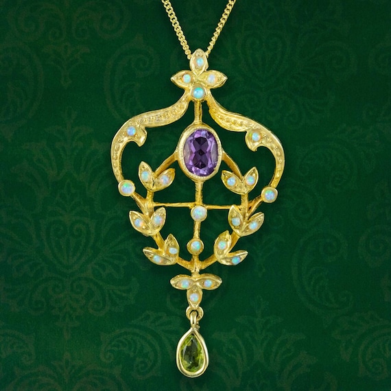 Edwardian Style Suffragette Pendant Necklace Amethyst Opal Peridot