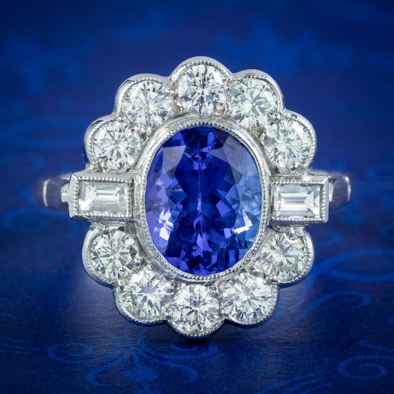 Art Deco Style Tanzanite Diamond Cluster Ring 2.1ct Tanzanite
