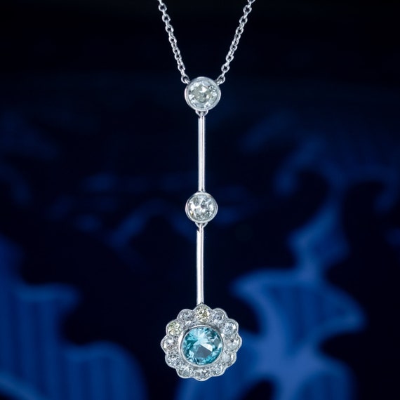 Antique Edwardian Blue Zircon Diamond Lavaliere N… - image 9