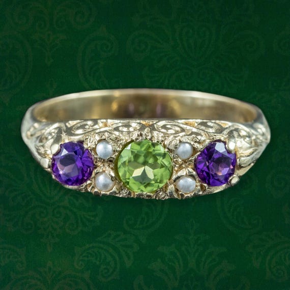 Edwardian Style Suffragette Ring Amethyst Peridot Pearl