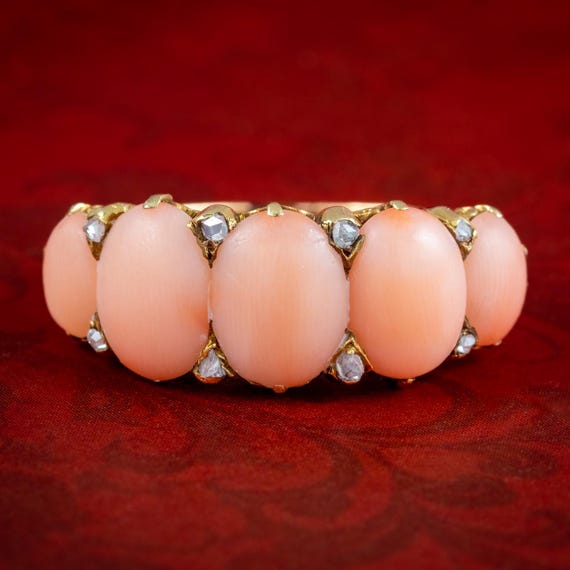 Antique Victorian Angel Skin Coral Diamond Five Stone Ring