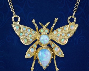 Victorian Style Opal Bee Pendant Necklace Silver 18ct Gold Gilt