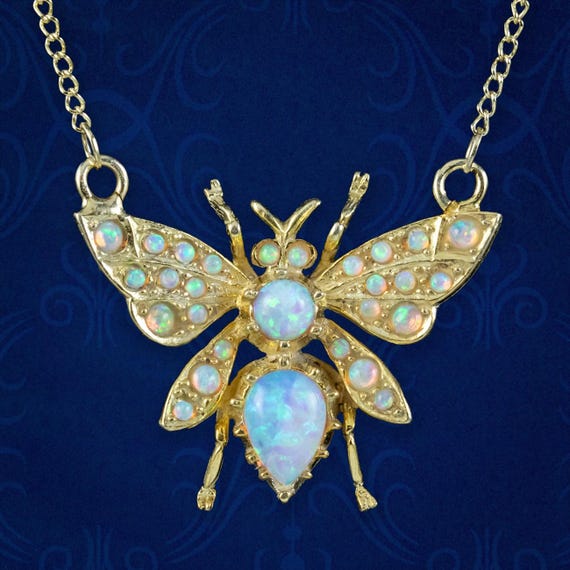 Victorian Style Opal Bee Pendant Necklace Silver 18ct Gold Gilt