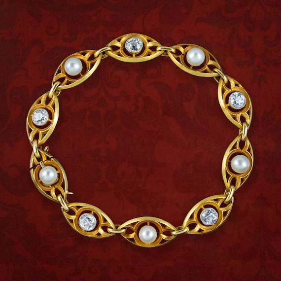 Antique Victorian French Diamond Pearl Bracelet 18ct Gold 2.5ct Diamond