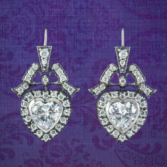 Edwardian Style Cubic Zirconia Heart Earrings Sterling Silver